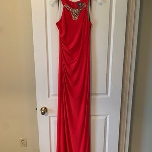 Vince Camuto red floor length dress with accents at the neck. Size 4.